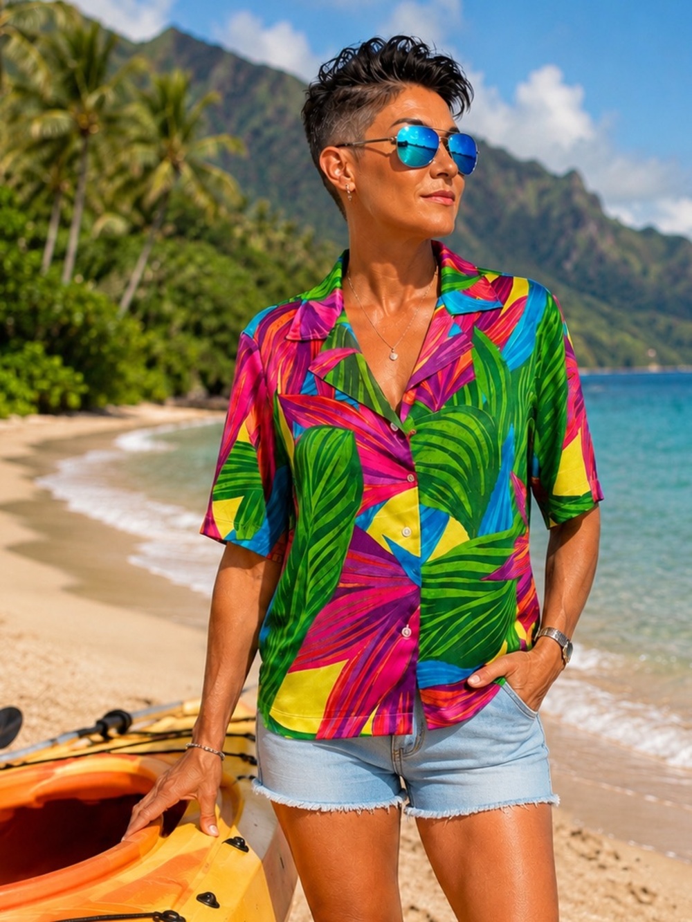 Tropical Satin Button Front Camp Shirt Bright Palm Print Resort Hope & Wonder.